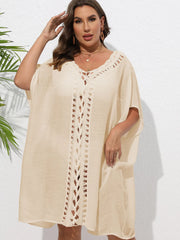 Crochet Trim V-Neck Beach Cover Up Dress Apricot / One Size