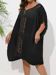 Crochet Trim V-Neck Beach Cover Up Dress Black / One Size