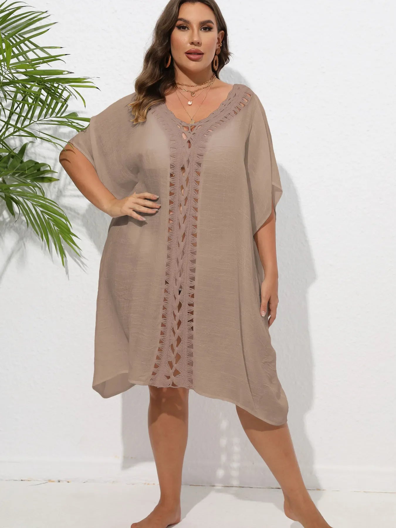 Crochet Trim V-Neck Beach Cover Up Dress Brown / One Size