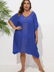 Crochet Trim V-Neck Beach Cover Up Dress Colorful Blue / One Size