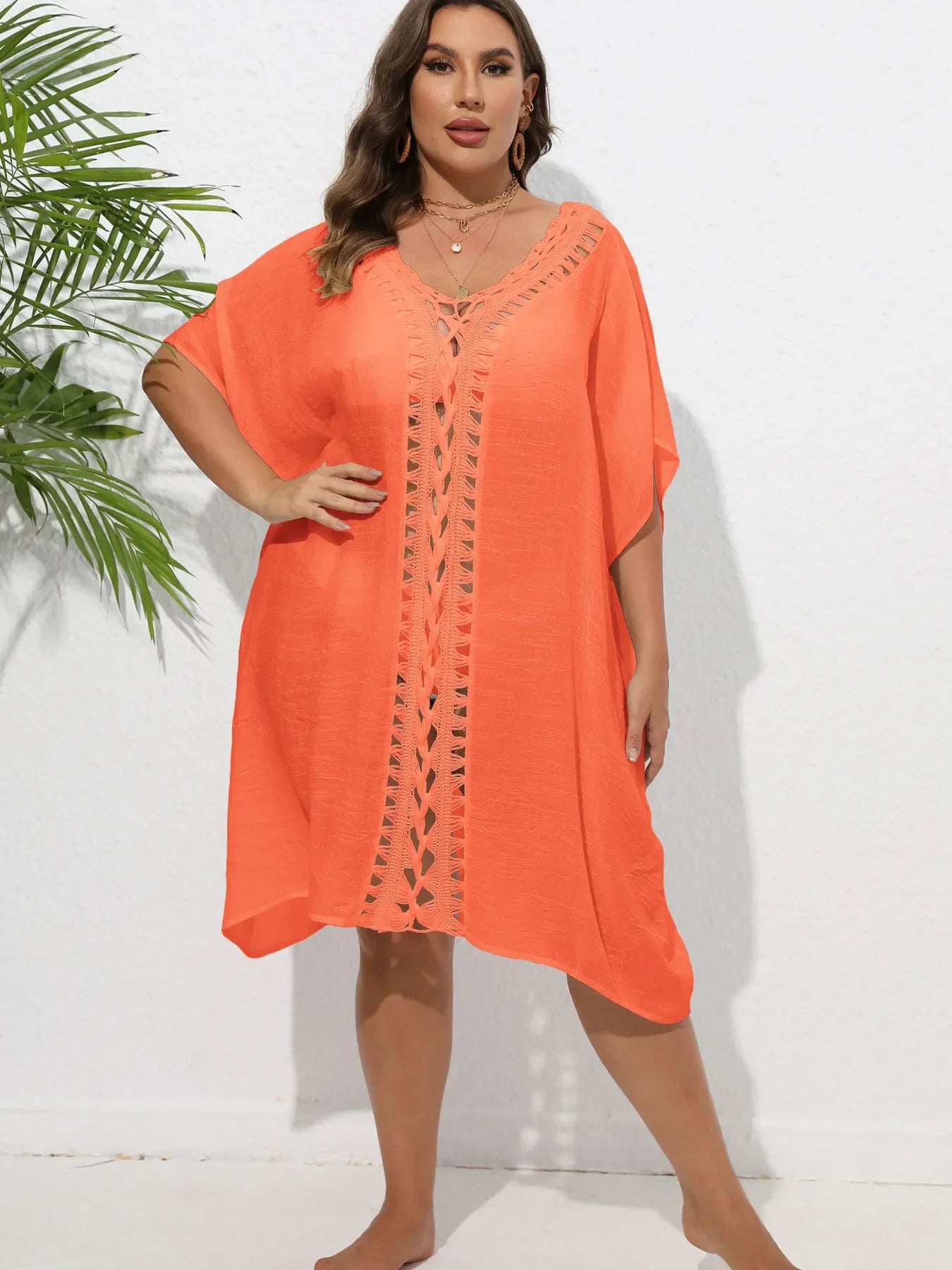 Crochet Trim V-Neck Beach Cover Up Dress Orange / One Size