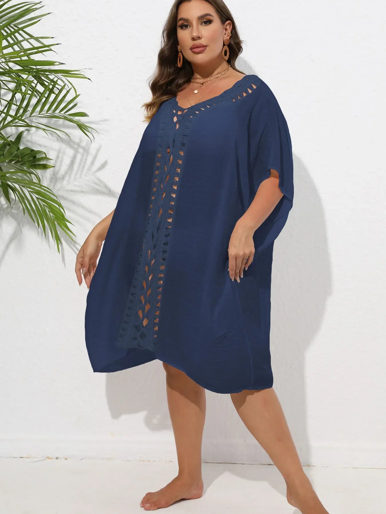 Crochet Trim V-Neck Beach Cover Up Dress Purplish Blue / One Size