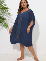 Crochet Trim V-Neck Beach Cover Up Dress Purplish Blue / One Size