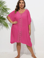 Crochet Trim V-Neck Beach Cover Up Dress Rose Red / One Size