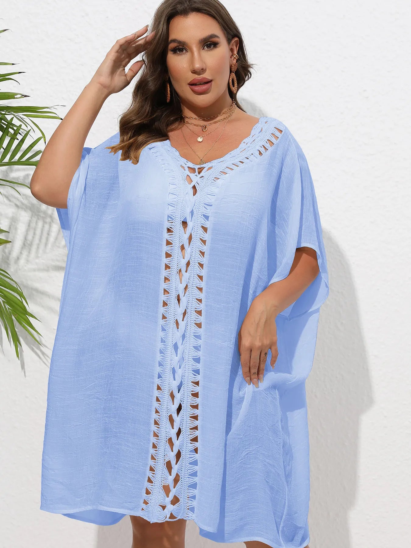 Crochet Trim V-Neck Beach Cover Up Dress Sky Blue / One Size
