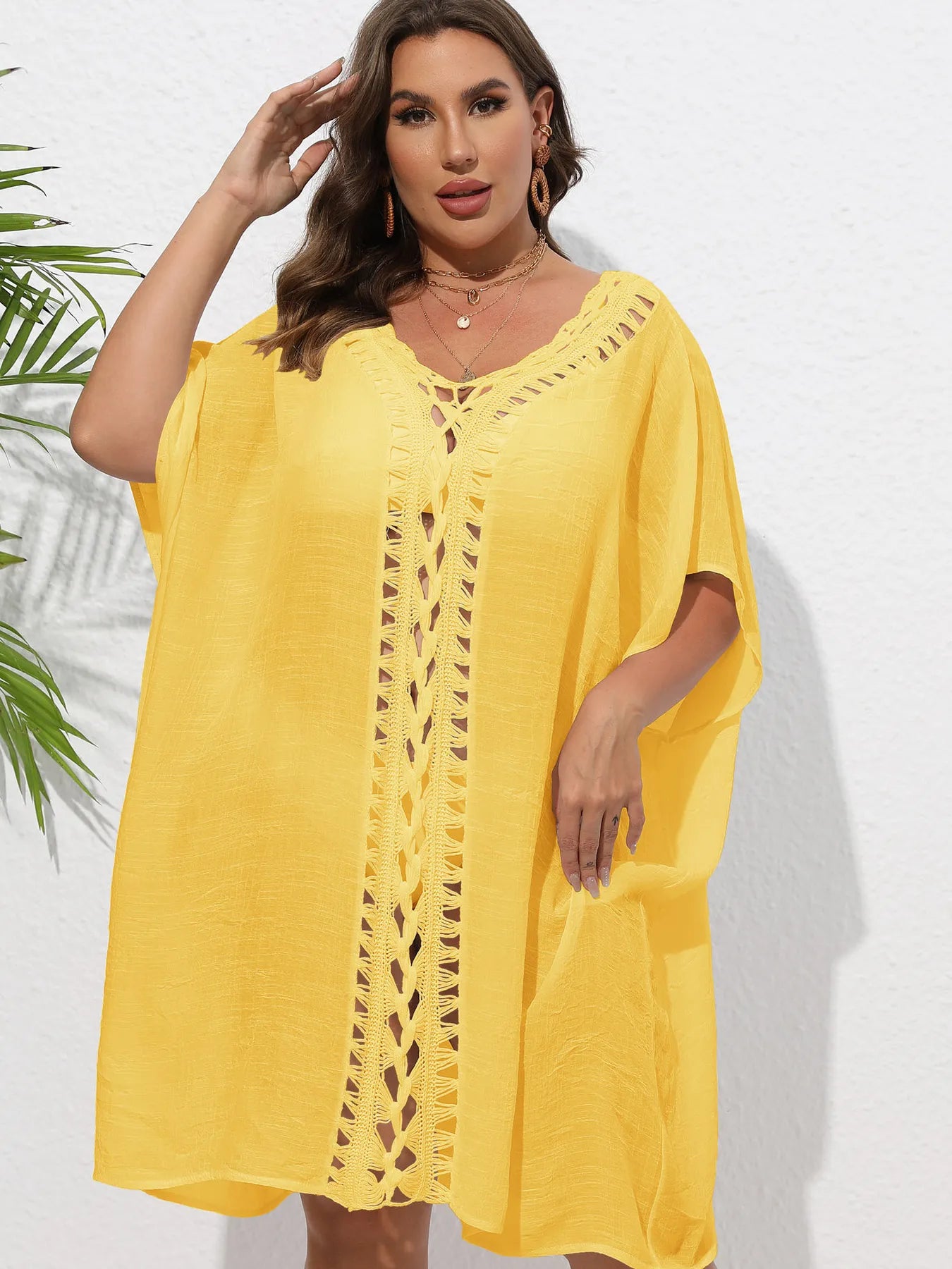 Crochet Trim V-Neck Beach Cover Up Dress Yellow / One Size
