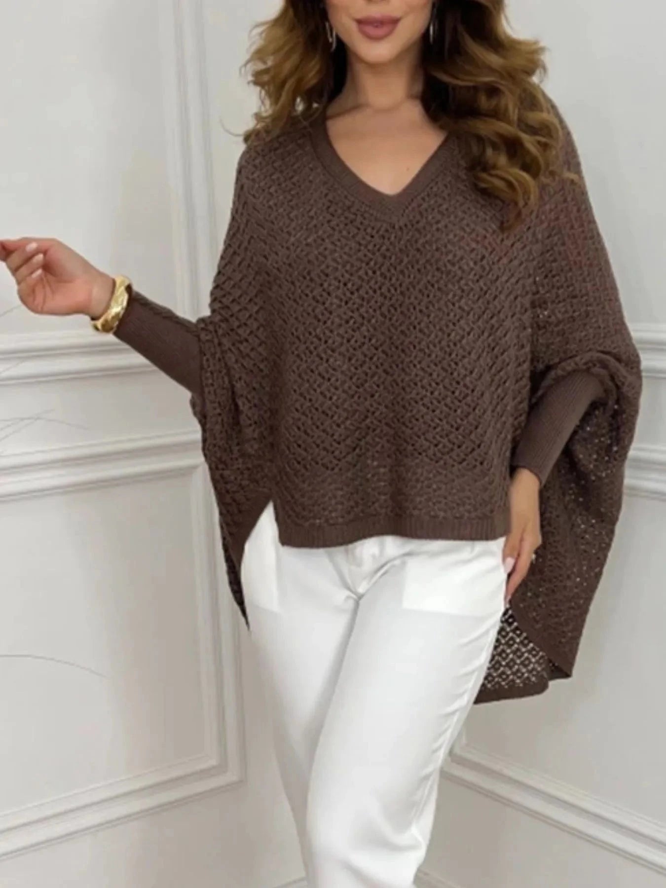 Crochet V-Neck Batwing Sleeves Oversized Sweater