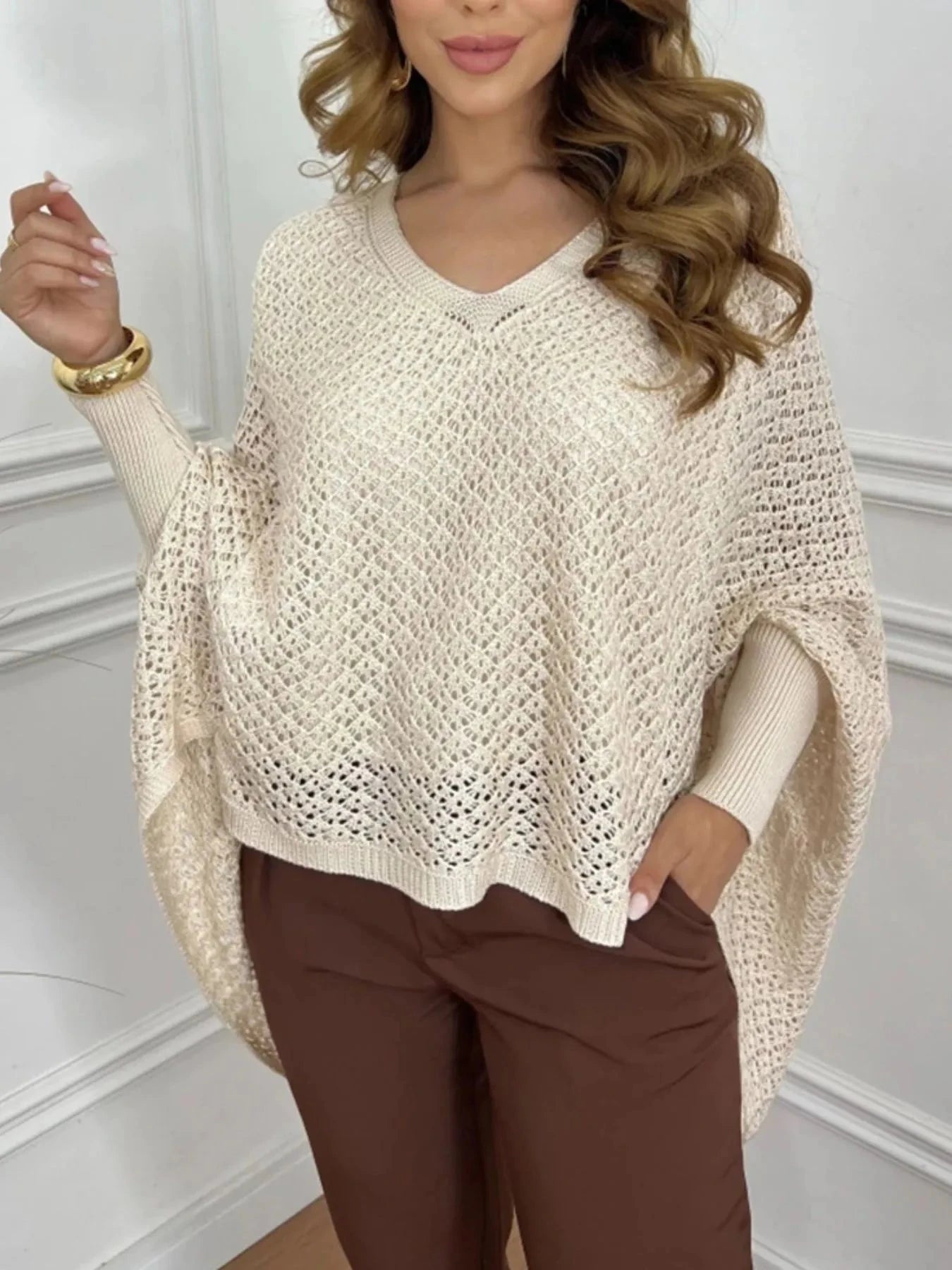 Crochet V-Neck Batwing Sleeves Oversized Sweater Apricot / S/M
