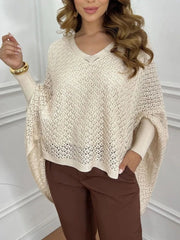 Crochet V-Neck Batwing Sleeves Oversized Sweater Apricot / S/M