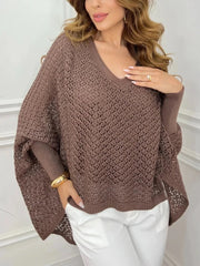 Crochet V-Neck Batwing Sleeves Oversized Sweater Coffee Brown / S/M