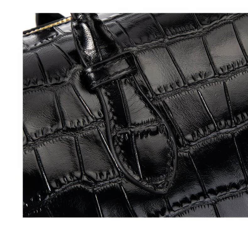 Crocodile Embossed Leather Top Handle Bag Black