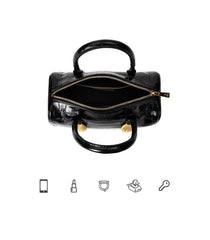 Crocodile Embossed Leather Top Handle Bag Black
