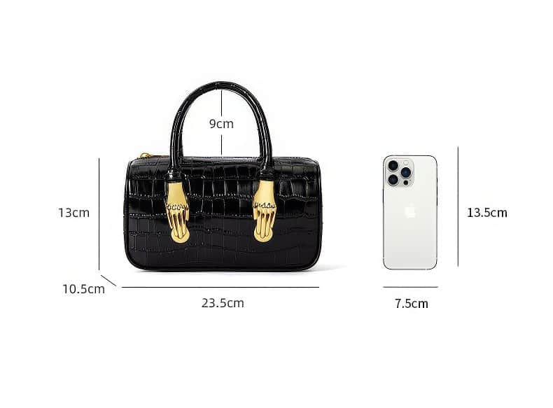 Crocodile Embossed Leather Top Handle Bag Black