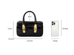 Crocodile Embossed Leather Top Handle Bag Black