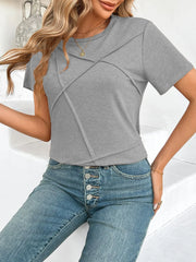 Cross Line Detail Round Neck T-Shirt Grey / S