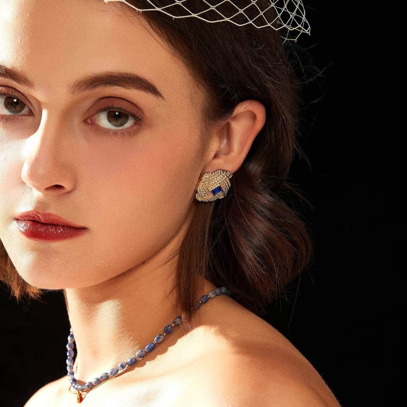 Crown Woven Sapphire Gemstone Stud Gold Earrings