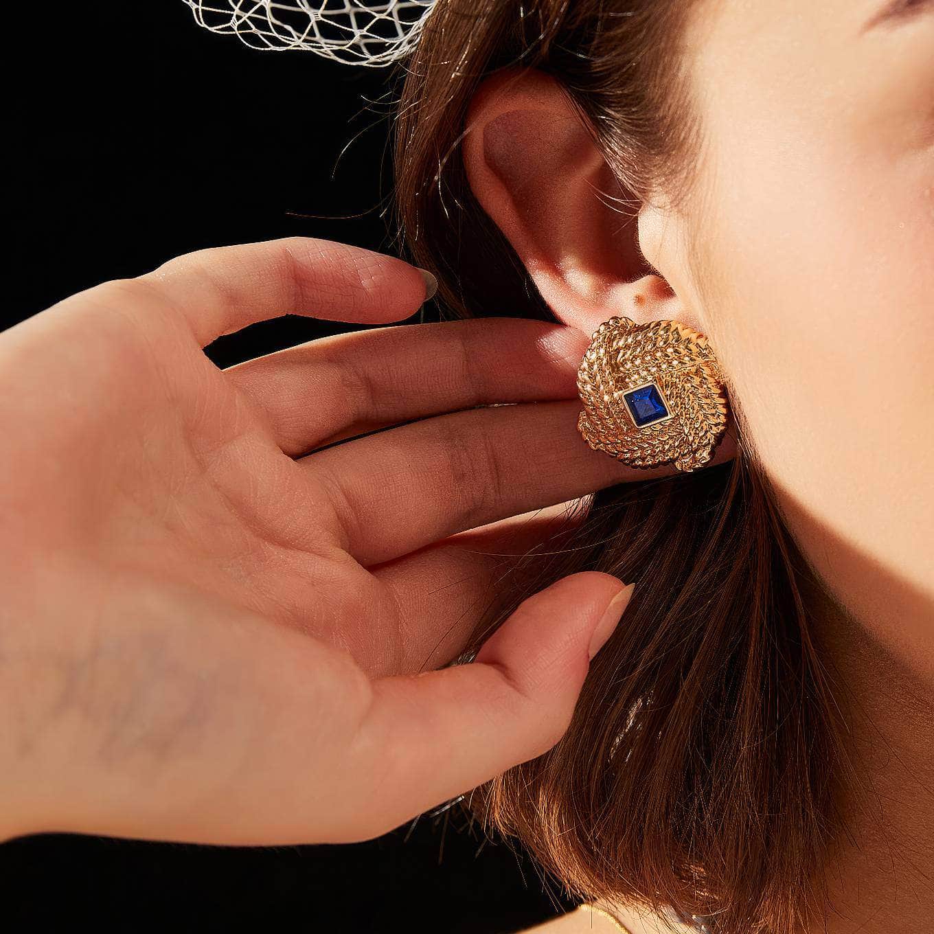 Crown Woven Sapphire Gemstone Stud Gold Earrings