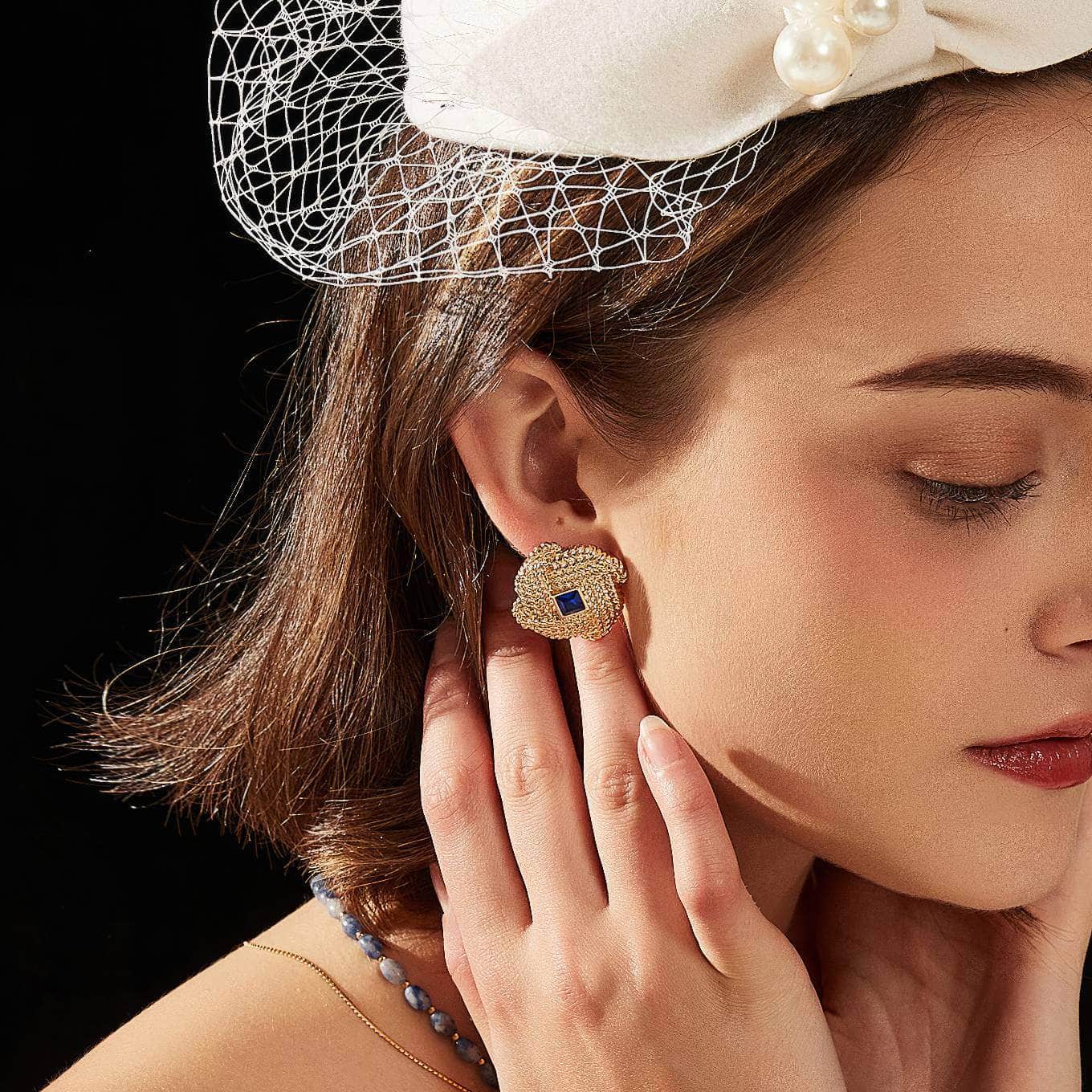 Crown Woven Sapphire Gemstone Stud Gold Earrings