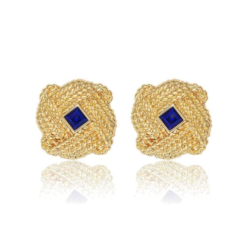 Crown Woven Sapphire Gemstone Stud Gold Earrings Blue / Clip On