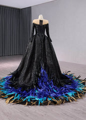 Crystal Beaded Sequin Gothic Ball Feather Accented Dress - E9T2A