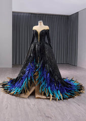 Crystal Beaded Sequin Gothic Ball Feather Accented Dress - E9T2A