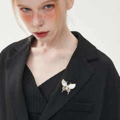 Crystal Decor Enamel Gold Butterfly Brooch White