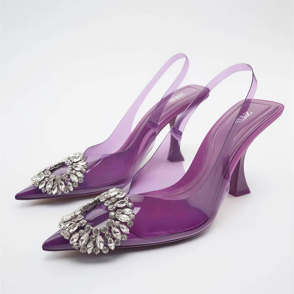 Crystal Embellished Pointy Toes Ankle Strap Heels EU 34 / Purple / 7.5CM