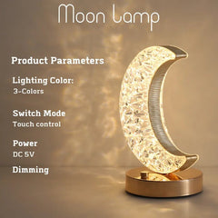 Crystal Touch Dimming Night Light: Bedroom, Girls Room Decor, USB Bedside LED Ambient Table Lamp - 3D Moon Lamp Gold