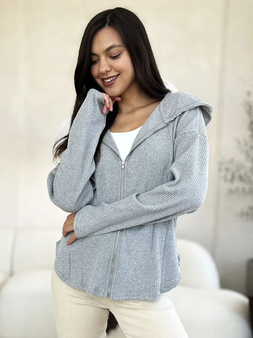 Culture Code Full Size Ribbed Zip Up Drawstring Hooded Jacket H.Grey / S