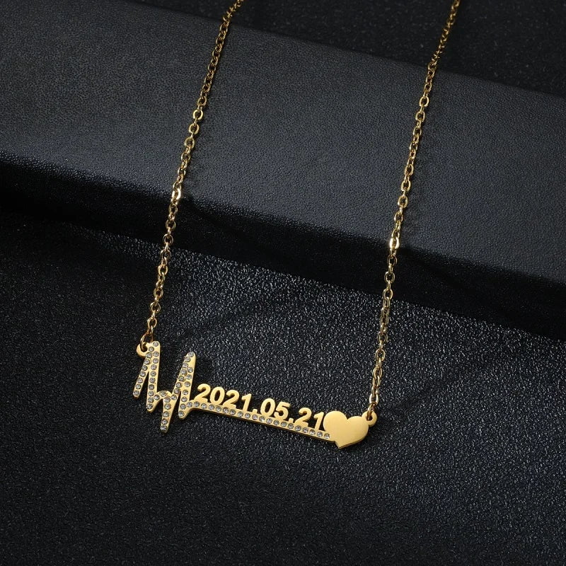 Custom Heartbeat Name Necklace - Stainless Steel Birth Date Pendants with Personalized Letter heartbeat zircon / silver color / 35cm