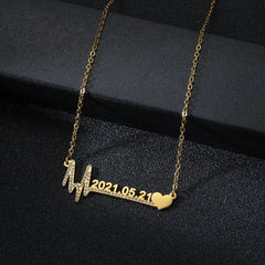 Custom Heartbeat Name Necklace - Stainless Steel Birth Date Pendants with Personalized Letter heartbeat zircon / silver color / 35cm