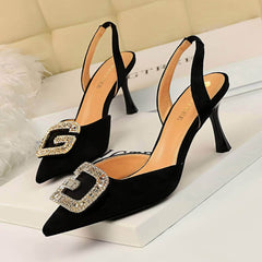 Cut Out Detailed Rhinestone Court Sandals EU 33 / Black / 7CM