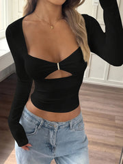 Cut-Out Long Sleeve Crop T-Shirt Burgundy / S