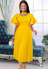 Cut Out Neckline Flutter Sleeves Pleated Hem Dress