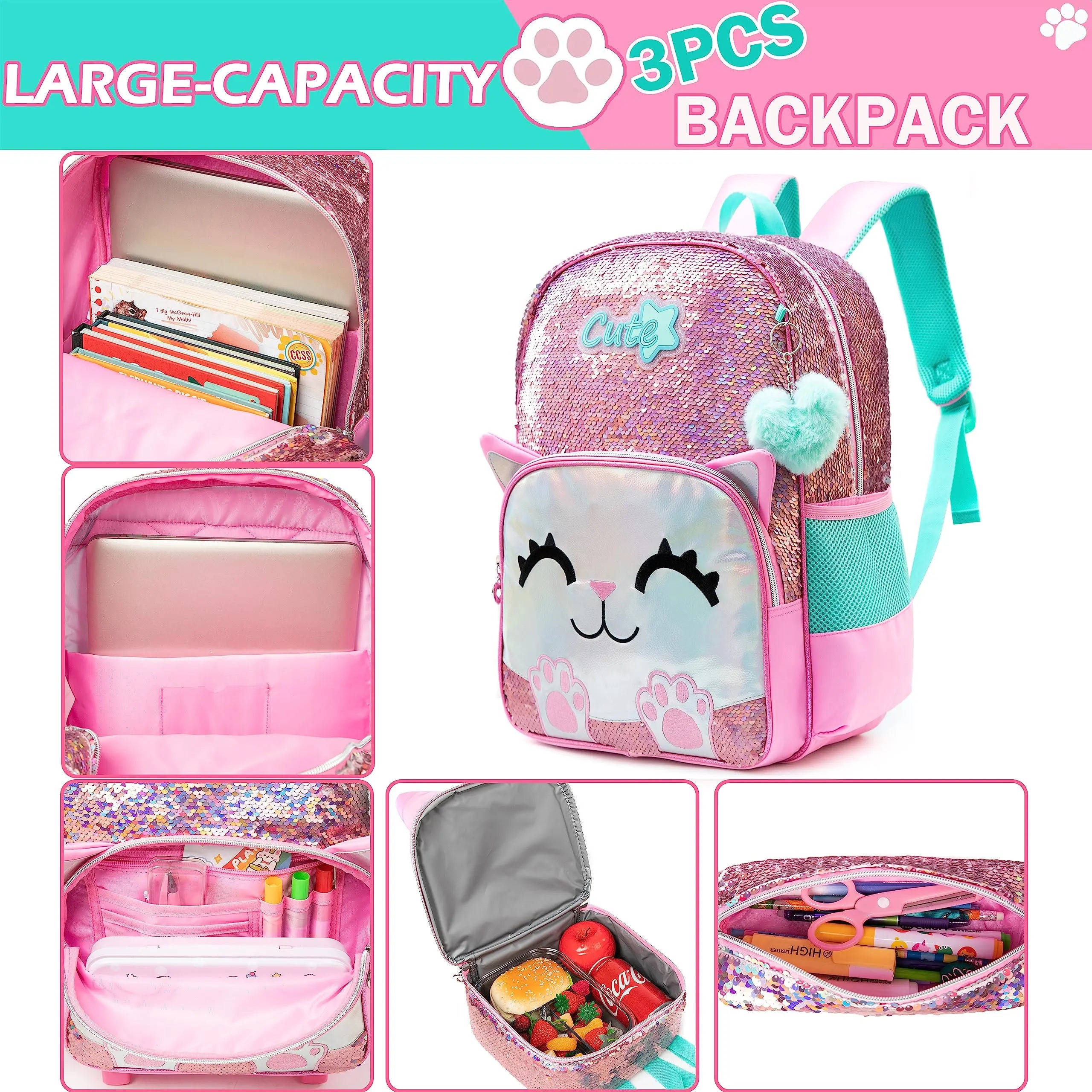 Cute Sequin Backpack Set for Girls