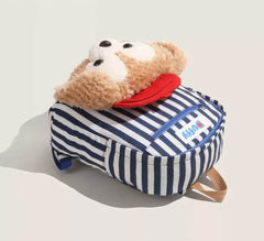 Cute Striped Duffy Plush Face Pocket Schoolbag with Red Beret Blue