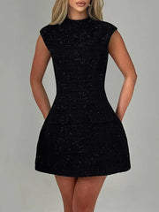 Cutout Back Round Neck Cap Sleeve Mini Dress Black / S