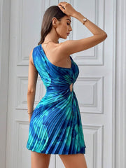 Cutout Drawstring Pleated Tie-Dye Sleeveless Mini Dress