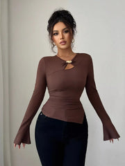 Cutout Long Sleeve T-Shirt Brown / S