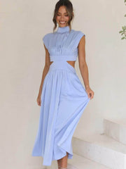 Cutout Mock Neck Sleeveless Ruched Dress Misty Blue / S