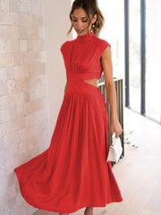Cutout Mock Neck Sleeveless Ruched Dress Red / S