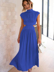 Cutout Mock Neck Sleeveless Ruched Dress Royal Blue / S