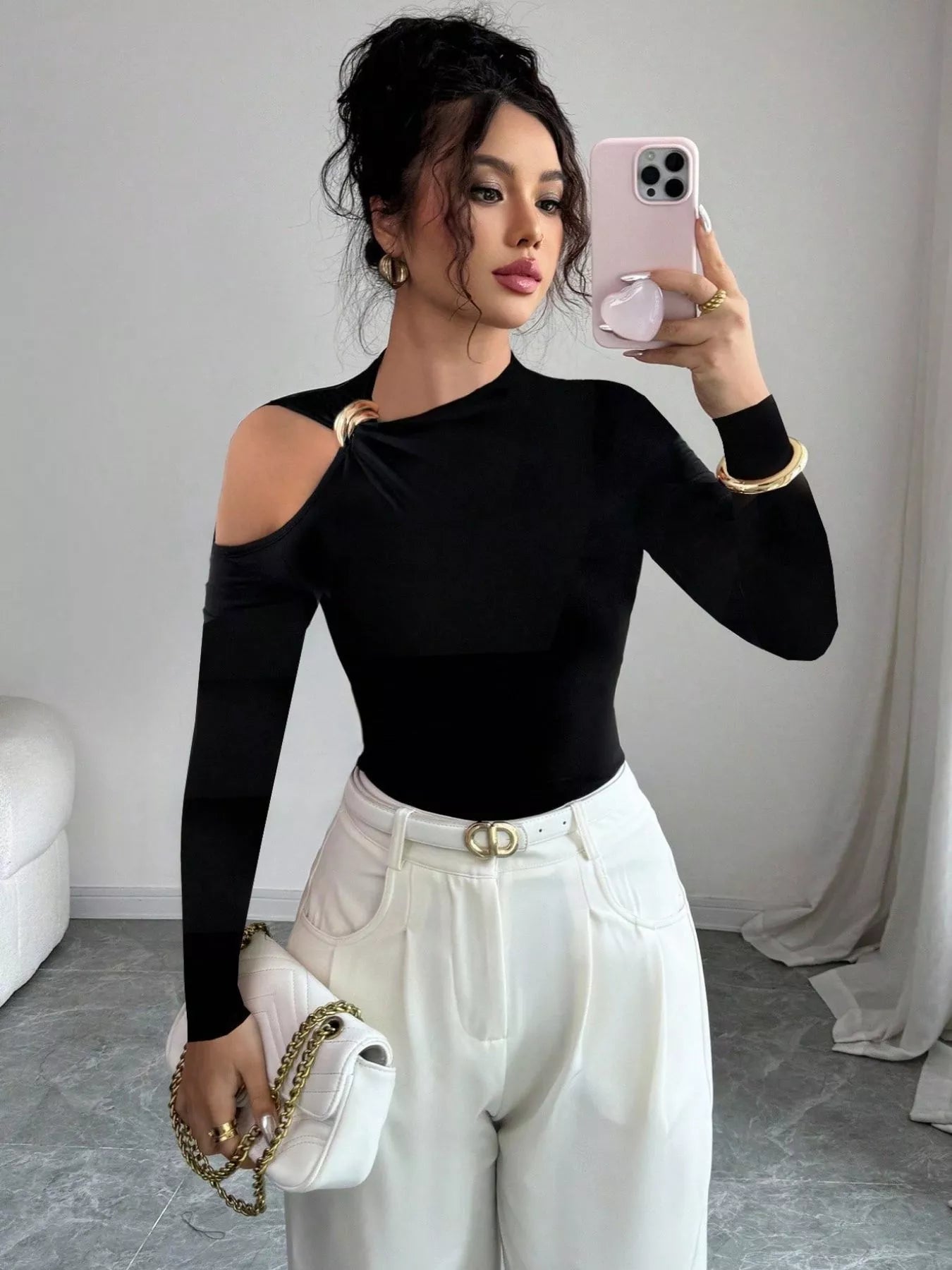 Cutout One-Shoulder Long Sleeve T-Shirt Black / S