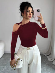 Cutout One-Shoulder Long Sleeve T-Shirt Burgundy / S