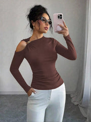 Cutout One-Shoulder Long Sleeve T-Shirt Khaki / S