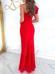 Cutout One Shoulder Ruffle Split Dress