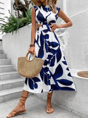 Cutout Printed Cap Sleeve Midi Dress