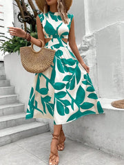 Cutout Printed Cap Sleeve Midi Dress