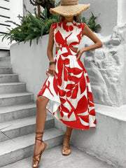 Cutout Printed Cap Sleeve Midi Dress Deep Red / S