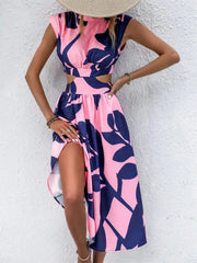 Cutout Printed Cap Sleeve Midi Dress Pink / S